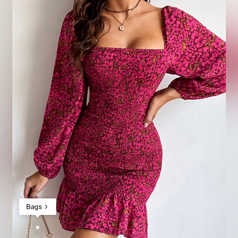 Floral Print Shirred Lantern Sleeve Square Neck Ruffle Hem Dress